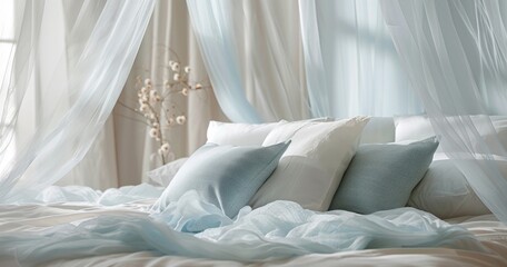 an image of a bed with a sheet on it with some blue pillows