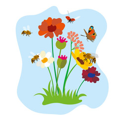 Illustration of a flower meadow with bees, butterfly and ladybird
