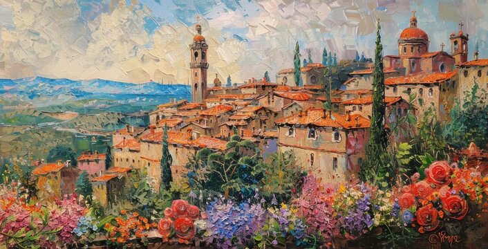 cityscape with tower buildings and flowering flowers on a canvas