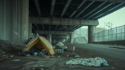 Homeless people seeking shelter under overpasses. - obrazy, fototapety, plakaty
