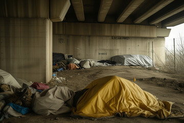 Homeless people seeking shelter under overpasses. - obrazy, fototapety, plakaty