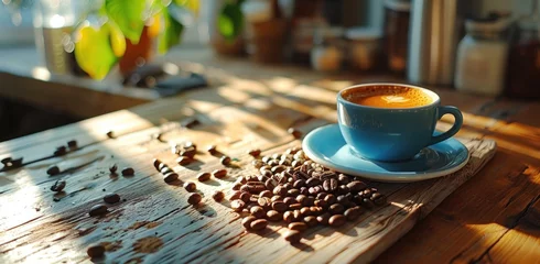 Tuinposter cup of coffee while beans are sitting on a wooden table © yganko