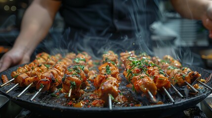 Street Food. A chef in a black apron garnishes freshly glazed skewers with green herbs on a smoky grill at an outdoor market.