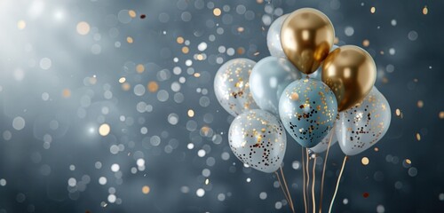Obraz na płótnie Canvas balloons with gold, silver confetti on a grey background party design