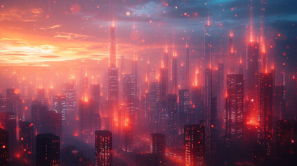 Fototapeta premium A futuristic cityscape with floating holographic buildings each representing a different financial goal. The buildings change and adapt based on the users financial data showcasing