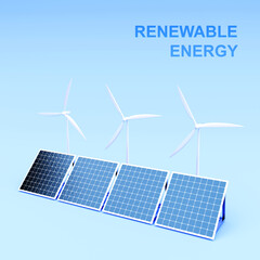 Solar panels and wind turbines on blue background. Alternative energy concept. 3d-rendering - obrazy, fototapety, plakaty