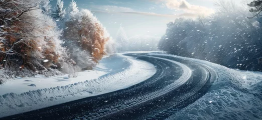 Poster a winding road in winter in a snowy landscape © yganko