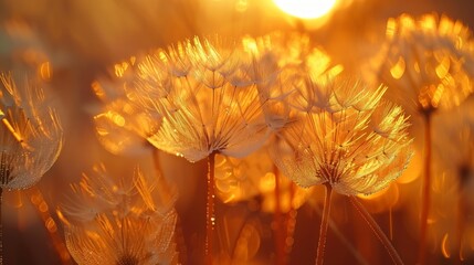 Backlit dandelion fluff radiating in the warm glow of a setting sun, creating a tranquil and magical scene.