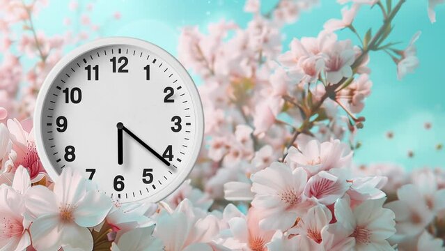 Spring time, spring ahead, time, time passing, hours, wall clock spinning animation through the hours on a spring time themed background