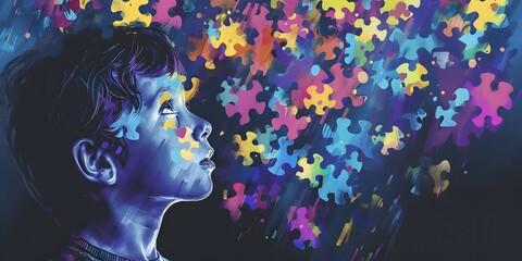 World Autism Awareness Day,banner,portrait of a boy on a background of colorful puzzles,a place for text,concepts of inclusivity, diversity, awareness and help, mental illness and brain diseases - obrazy, fototapety, plakaty
