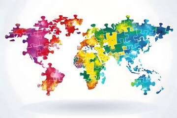 World Autism Awareness Day,banner,world map on a white background consisting of colorful puzzles,place for text,concepts of inclusivity, diversity,awareness and help, mental illness and brain diseases