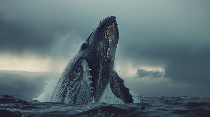 Majestic humpback whale breaching with powerful energy in the rough sea under a stormy sky.