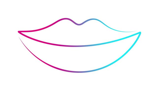 Animated pink blue lips symbol is gradually drawn. Linear icon. Single line. Concept of beauty, makeup. Looped video. Vector illustration isolated on white background.