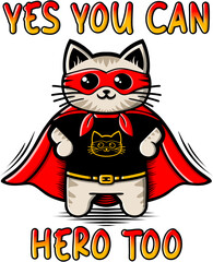 Cute cartoon cat illustration with superhero cape and mask.