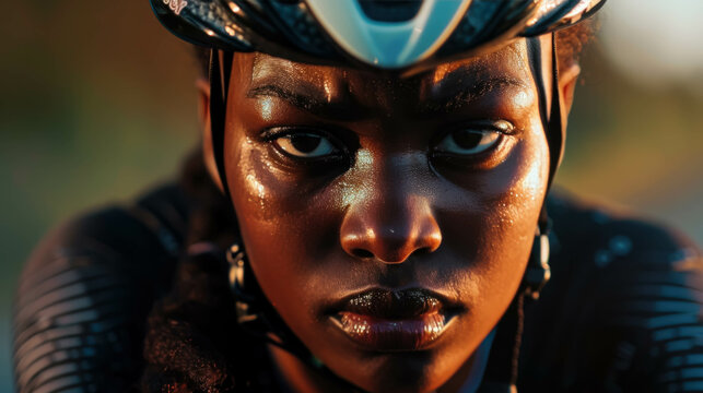 Portrait Of A Determinated Black Female Cyclist. Perseverance And Winning Attitude. Woman With Bike, Female Cyclist Background