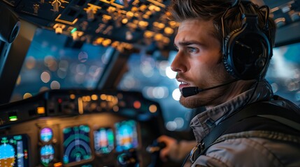 A focused pilot in the cockpit preparing for a night flight, surrounded by illuminated controls and navigation equipment. - obrazy, fototapety, plakaty