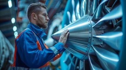 An aircraft mechanic attentively inspects a turbine engine, ensuring the reliability and safety of the airplane's machinery.