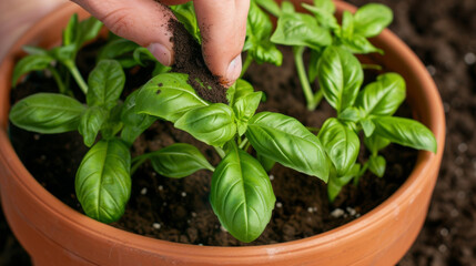 A closeup of a hand sprinkling fresh soil into a small pot of basil its fragrant leaves already sprouting from the rich earth.