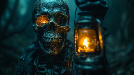 In the dark of Halloween, a skeleton holds a lantern against a wooden banner
