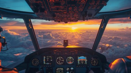 The stunning view of a sunset from the perspective of an airplane cockpit. - obrazy, fototapety, plakaty