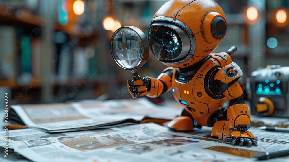 Poster an illustration of a robot holding a magnifying glass in the corner of a poster pointing to a banner