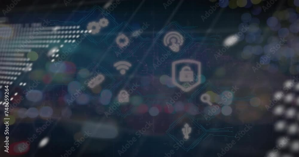 Poster animation of data processing and icons over city lights and dark background