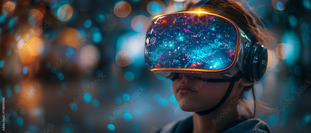 Poster a person holding a smart phone with a view of a virtual world created by the metaverse and blockchai