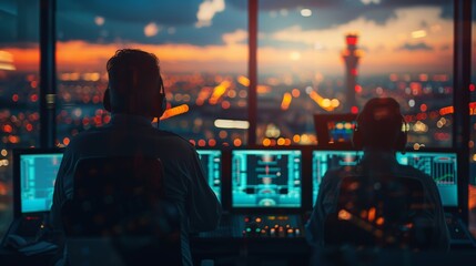 Air traffic controllers monitor and direct airport operations from the control room at night.