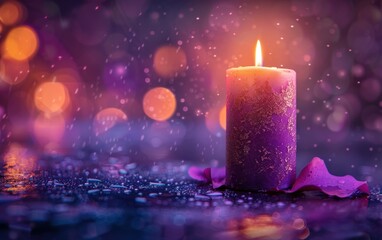 lighted candle on colored background with colorful bokeh lights