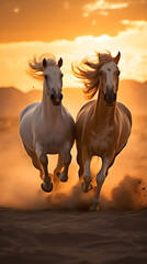 Captivating Snapshot: Graceful Arabian Horses Galloping Free in the Wilderness Under a Crimson Skyline - obrazy, fototapety, plakaty