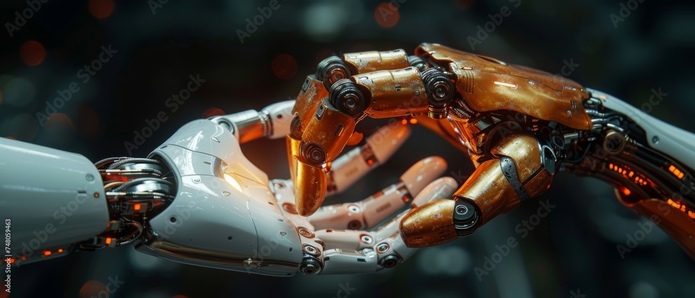 Poster Using artificial intelligence, future technology, and a virtual screen projection on a black background, a robot holds a human hand with a flash light.