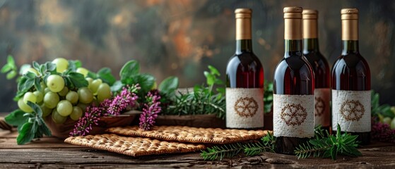 A rustic background with a wine and matzoh concept for Passover holiday