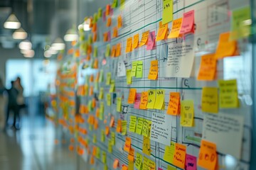Organized sticky notes on a glass wall with a grid pattern used for planning in a corporate setting. - obrazy, fototapety, plakaty