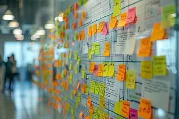 Foto op Canvas Organized sticky notes on a glass wall with a grid pattern used for planning in a corporate setting. © Old Man Stocker