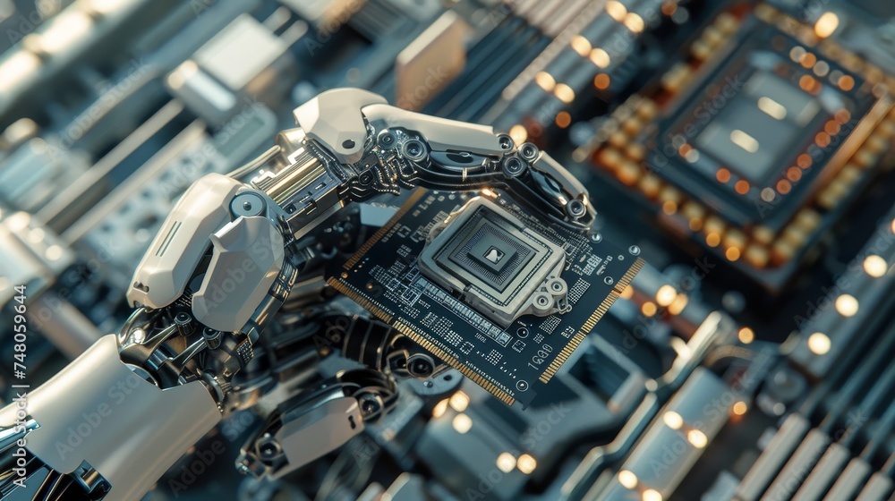 Poster this modern, authentic robot arm holds a contemporary processor. it is end effector of an industrial