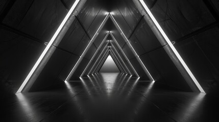 An abstract sci-fi tunnel with a futuristic triangle spaceship corridor in 3D.