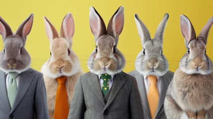 Rolgordijnen Funny Rabbits or Bunny in Suits and Tie on Color. © yasir