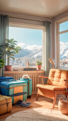 Natural Light and Luggage: Suitcases in Room with Mountain View