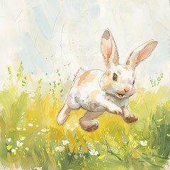 Watercolor painting of a Mountain cottontail rabbit running through lush grass