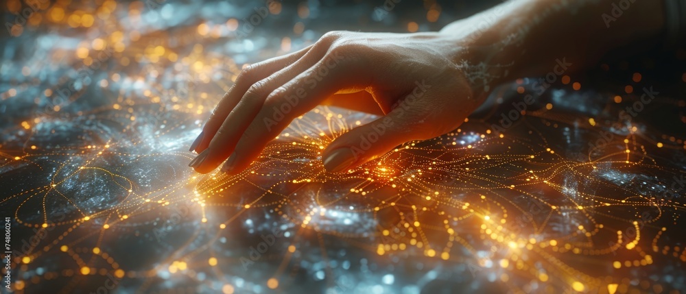 Poster The concept of big data. Digital neural networks. A business woman touching artificial intelligence. Technology of the future. Innovation in technology and science.