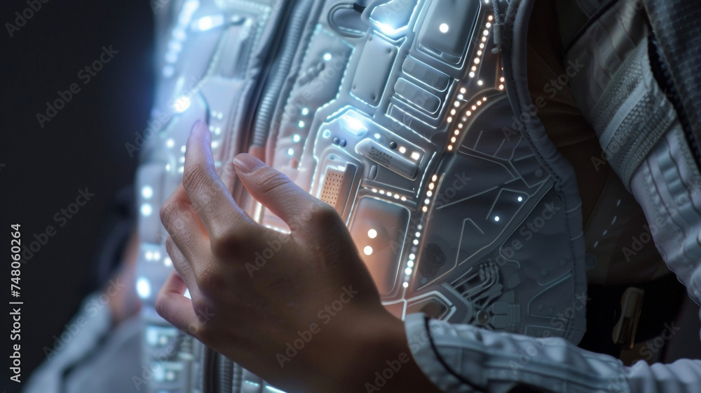 Poster the hand of a person adjusting the ss of a posturecorrecting vest with builtin sensors and haptic fe