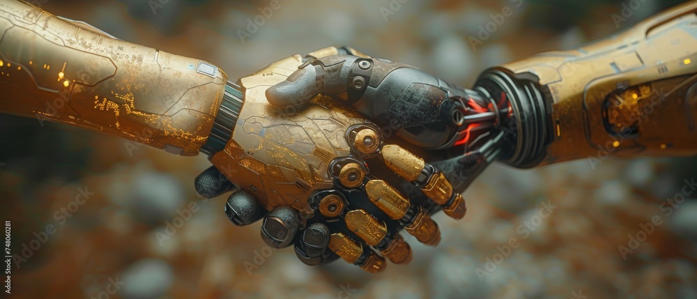 Poster Businessman shaking hands with digital partner over futuristic background. Using artificial intelligence and machine learning to drive the 4th industrial revolution.