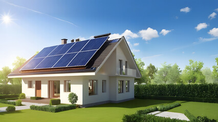 Obraz premium Eco-friendly house with a solar panel roof, clean energy, and greener lifestyle