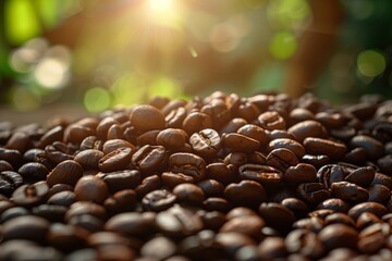 Close-up of roasted coffee beans bathed in sunlight with a blurred natural green background,...