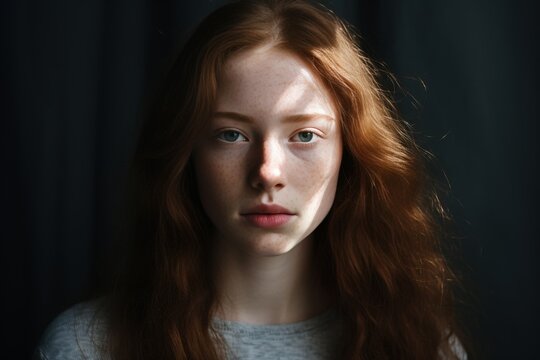 Charming portrait of a beaming young red-haired woman enveloped in sun rays