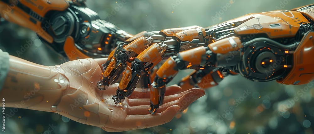 Poster the hands of a robot and a human touch a background of big data network connections, science and art
