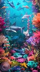Colorful paper origami fish swim in a richly detailed, vibrant underwater coral reef setting