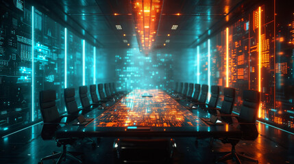 A futuristic boardroom setting with a team of exeives huddled around a holographic table. On the table a 3D representation of a corporate profit and loss statement is projected