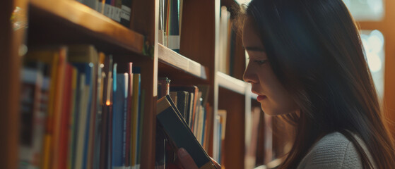 Young woman absorbed in reading a book in a tranquil library setting. - obrazy, fototapety, plakaty