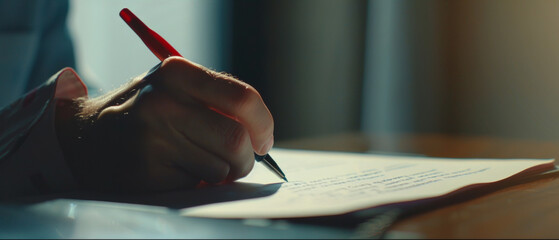 Close-up of a person's hand writing a letter with a pen, focus on words.